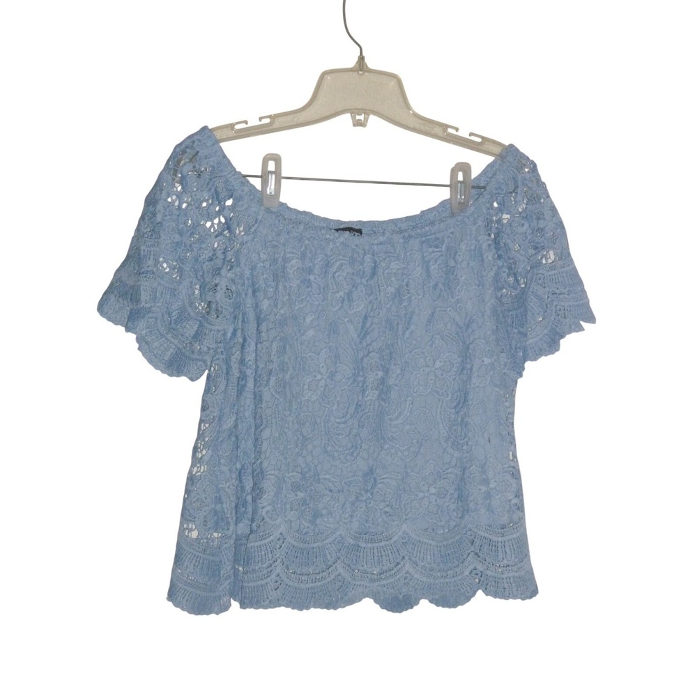 Haute Monde Off The Shoulder Lace Top Blue Short Sleeve Scalloped Hem Crop L